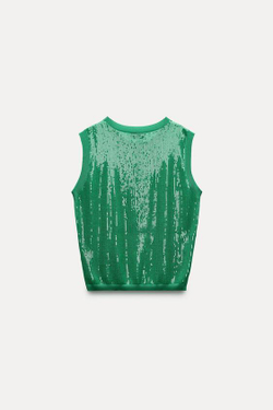 ZARA ТРИКОТАЖНЫЙ ТОП С ПАЙЕТКАМИ БЕЗ РУКАВОВ, ИЗУМРУДНЫЙ