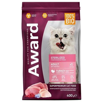 Сухой корм AWARD Sterilized для стерилизованных кошек с индейкой и курицей, с клюквой и цикорием, Пакет 400 г