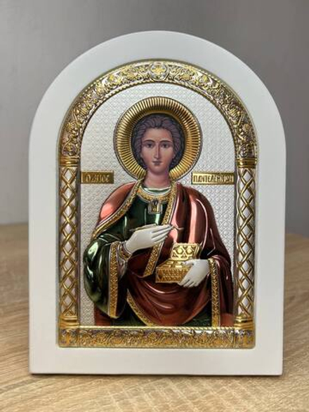 Пантелеймон, икона арочная, белое дерево, эмаль 175х225