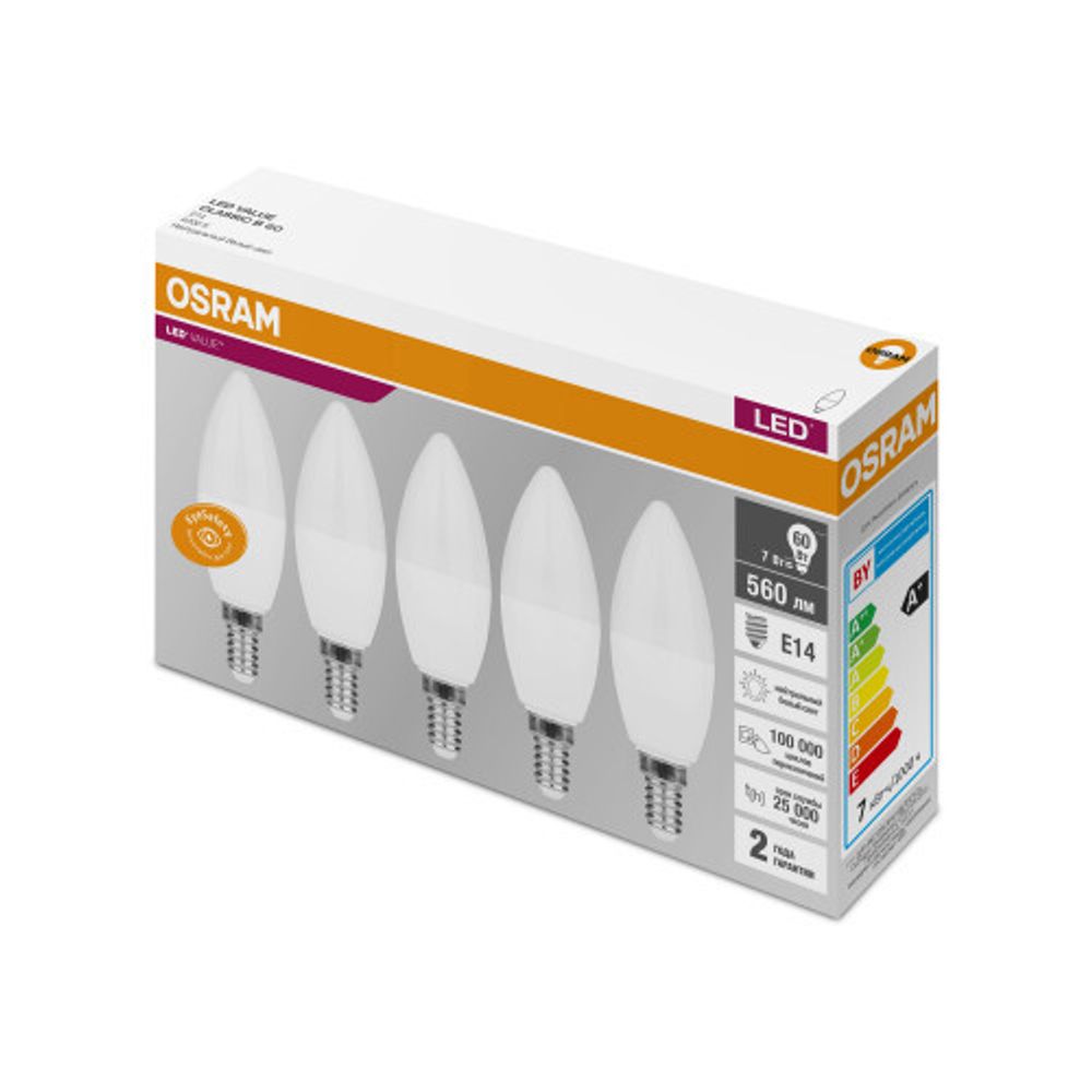 Лампочки светодиодные Osram Led Value Classic B60 7Вт 4000К Е14 / E14 свеча матовая нейтральный белый свет набор 5 штук | Osram