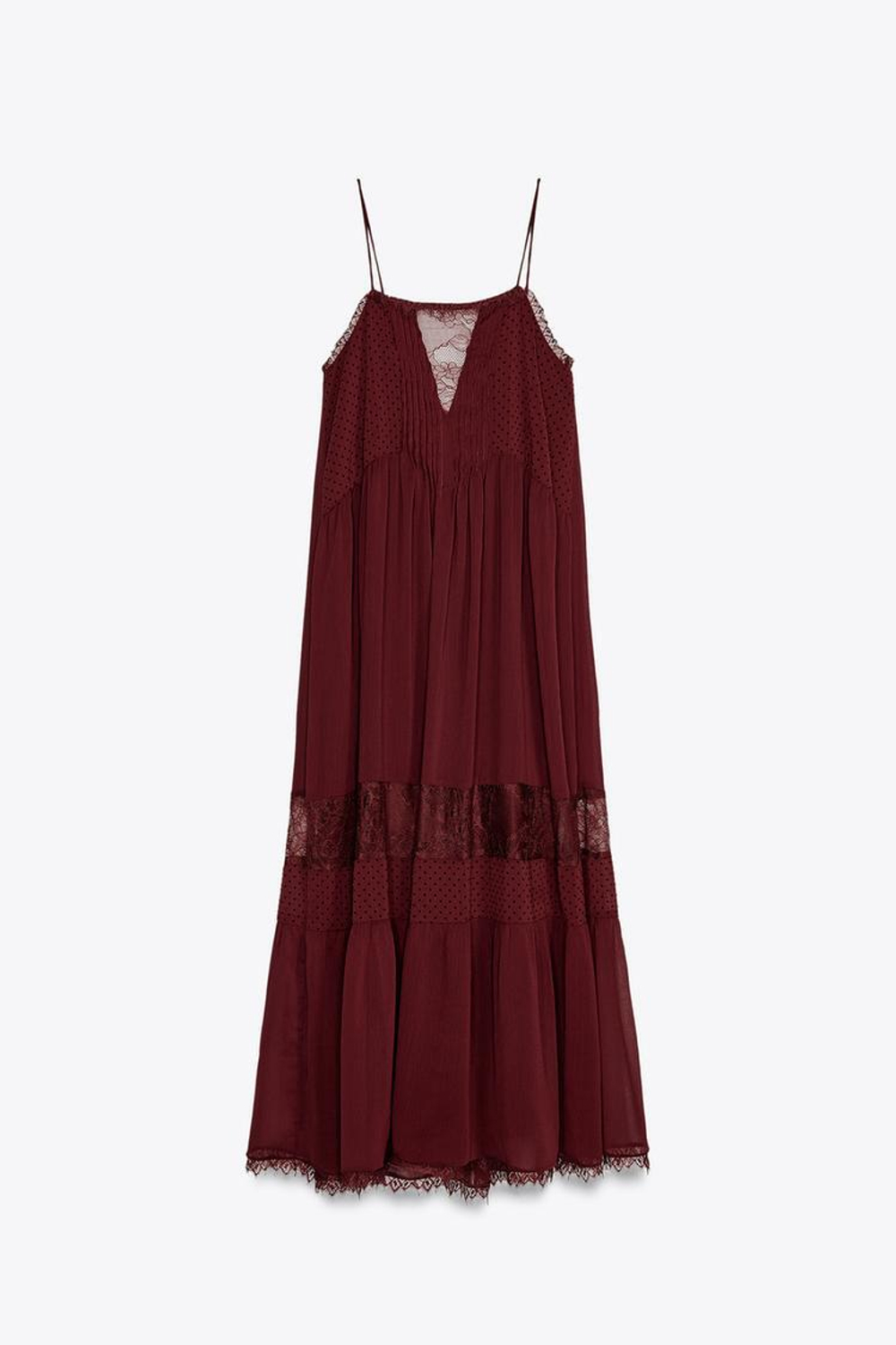 ZARA ПЛАТЬЕ МИДИ С КОНТРАСТНЫМ КРУЖЕВОМ, ЦВЕТ БУРГУНДСКОГО ВИНА