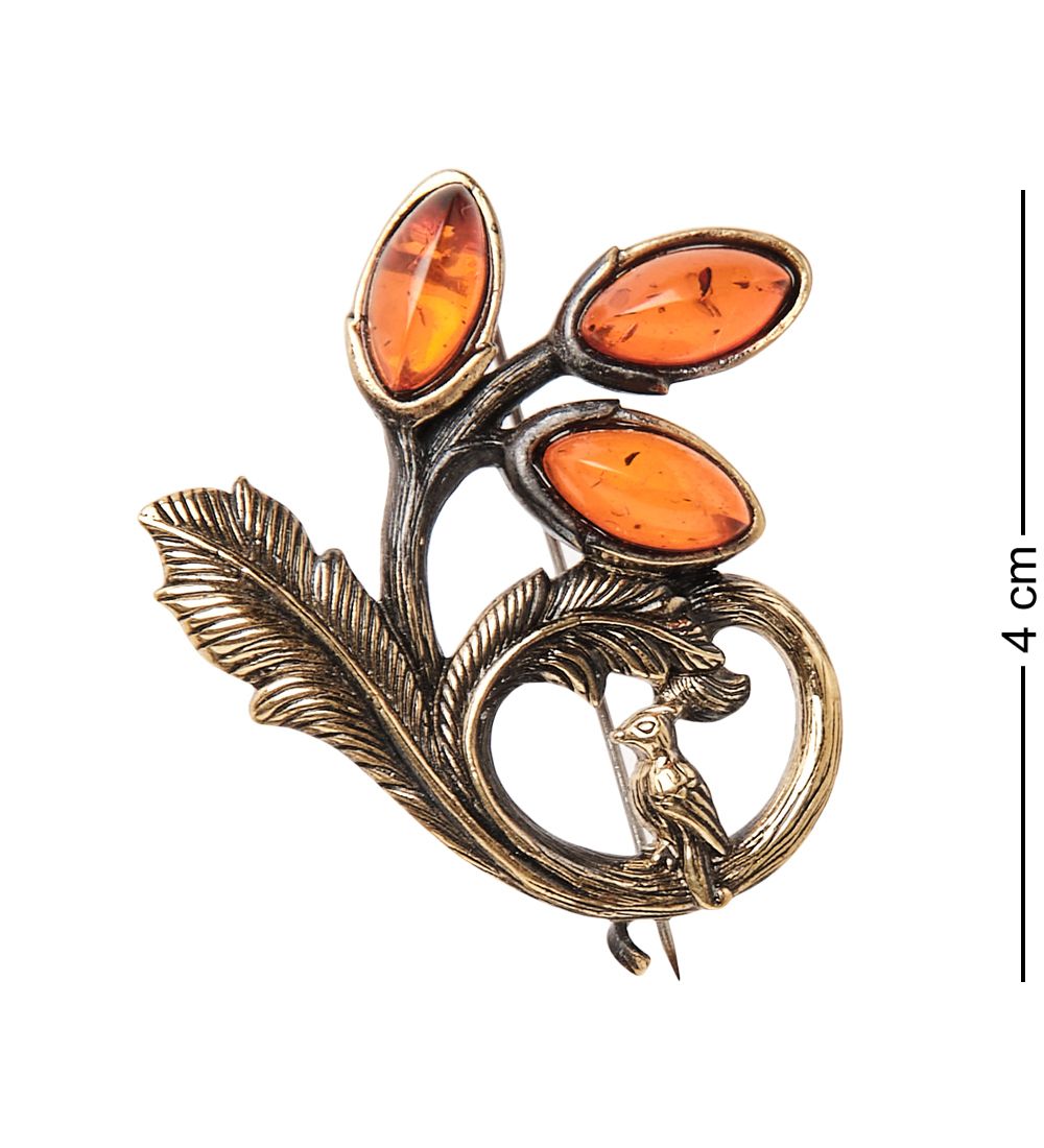 AM-1628 Брошь «Цветок с птичкой» (латунь, янтарь)