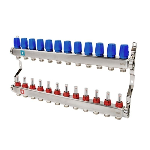 Блок коллекторный MVI из нержавеющей стали DN 25-12 выходов G 3/4, с расходомерами, без дренажного крана и воздухоотводчика, евроконус, MS.512.06