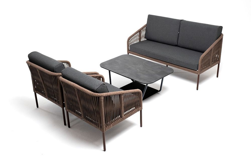 "Канны" лаунж-зона 4-местная из роупа со столом "Верона" (серый гранит), каркас алюминиевый коричневый, роуп коричневый