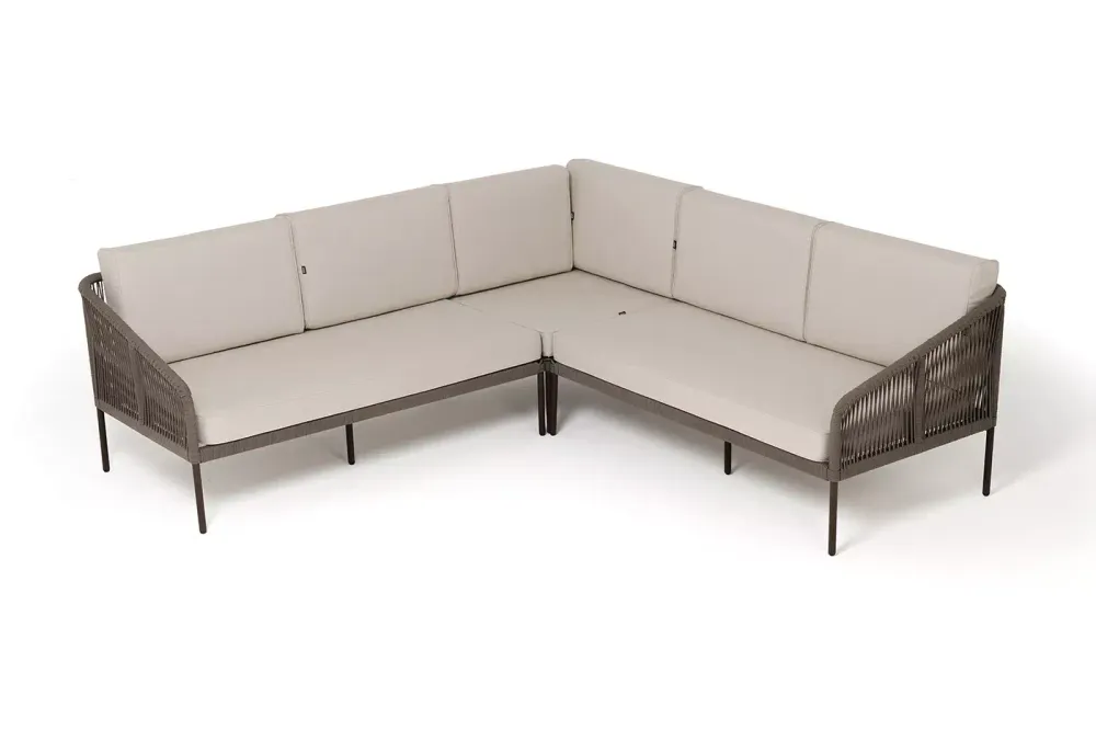 "Канны" диван модульный плетеный из роупа, каркас алюминий коричневый (RAL8016) муар, роуп коричневый круглый, ткань бежевая 035