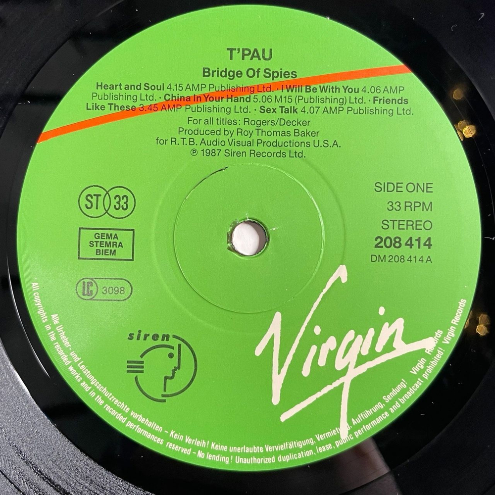 Винтажная виниловая пластинка LP T'Pau Bridge Of Spies (Germany 1987)