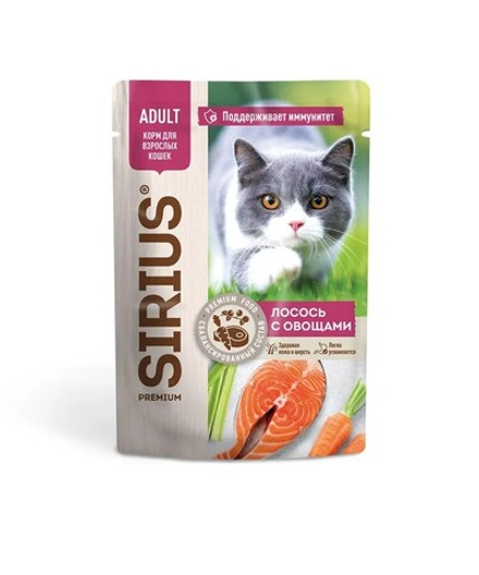 SIRIUS Консервированный корм для кошек, кусочки в соусе, лосось с овощами, 85г. Сириус