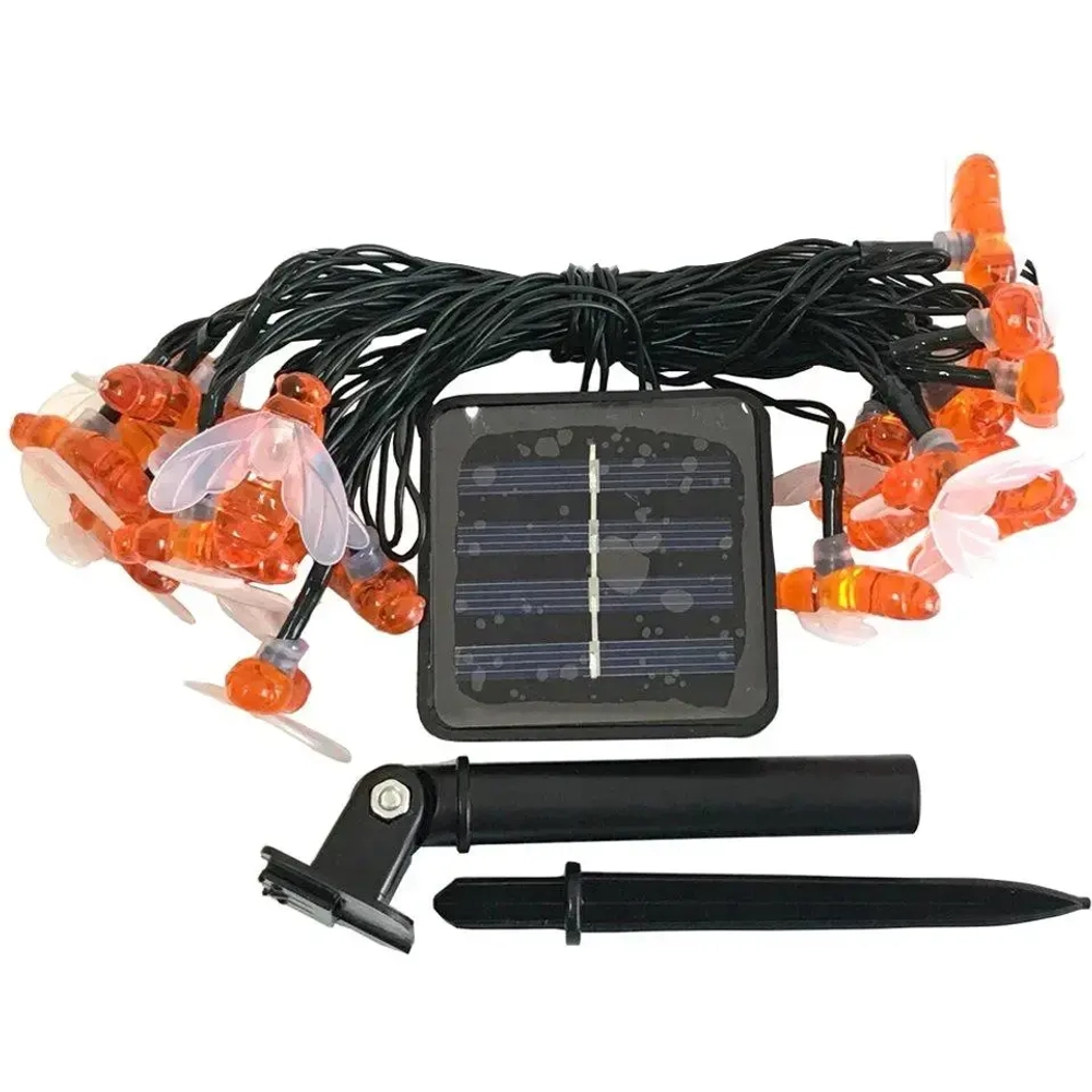 Гирлянда для улицы «Пчёлка» 3м, 20 ламп LED чёрный провод, 2 реж, IP-55, Теплый белый (солнечная батарея).