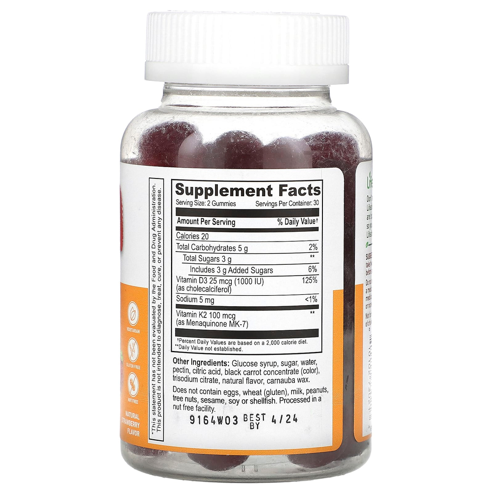 Lifeable, Жевательные мармеладки с витамином D3 и K2, натуральная клубника, 60 жевательных таблеток