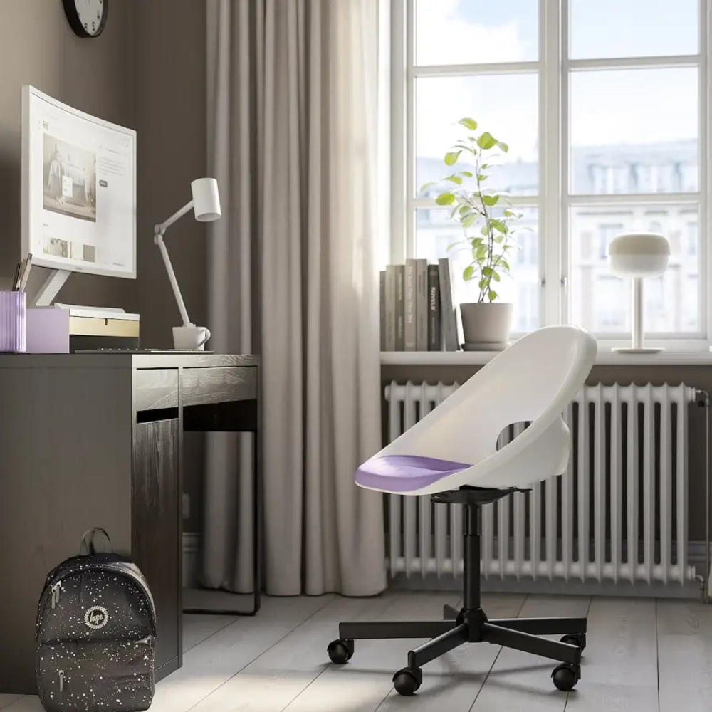Офисный стул с подушкой - IKEA LOBERGET MALSKÄR/MALSKAR, 67x67x90см, ЛОБЕРГЕТ МАЛСКАР ИКЕА, белый/фиолетовый/черный