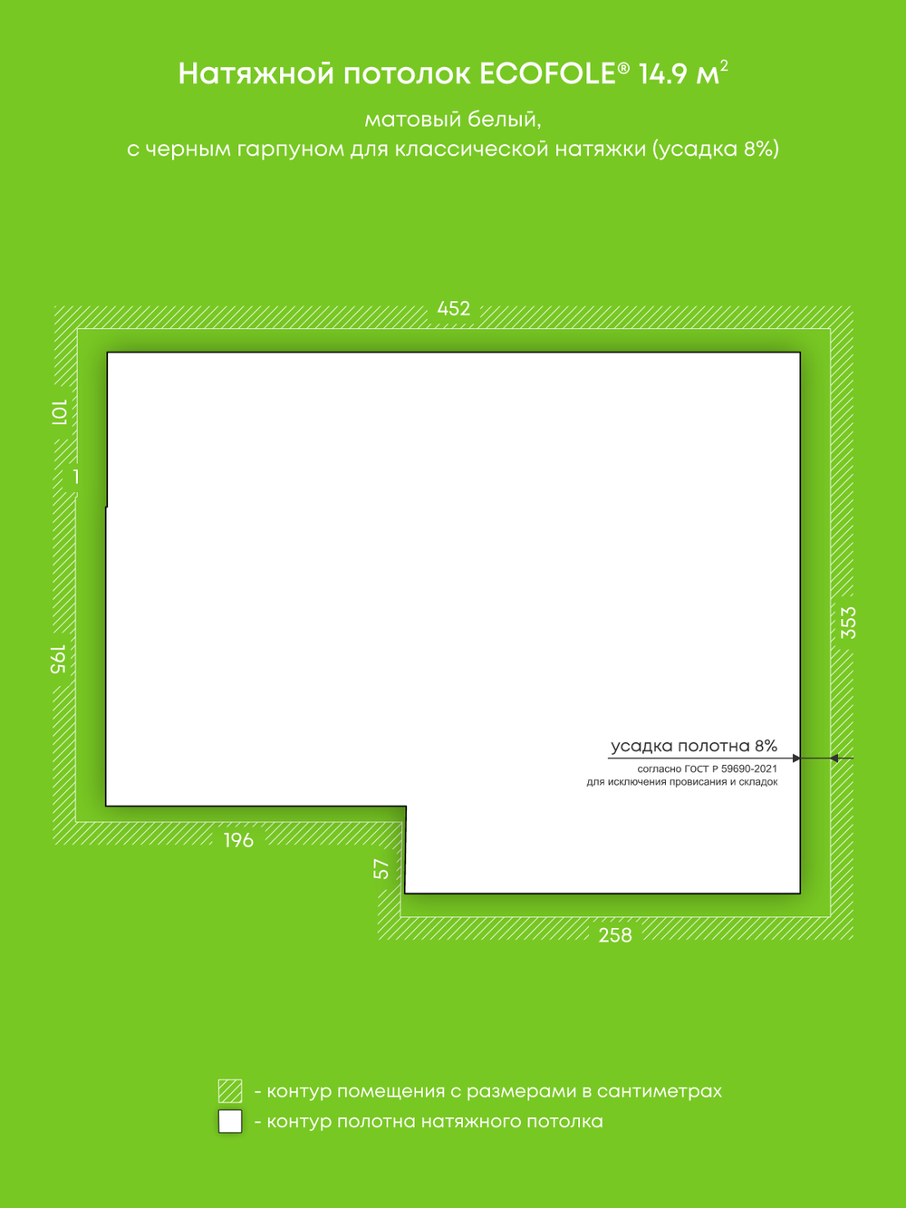 Матовый натяжной потолок 14.9 м2