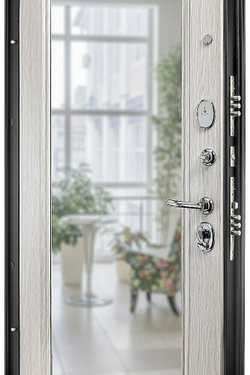 Входная дверь в квартиру с зеркалом Браво Флэш  Букле чёрное/Bianco Veralinga