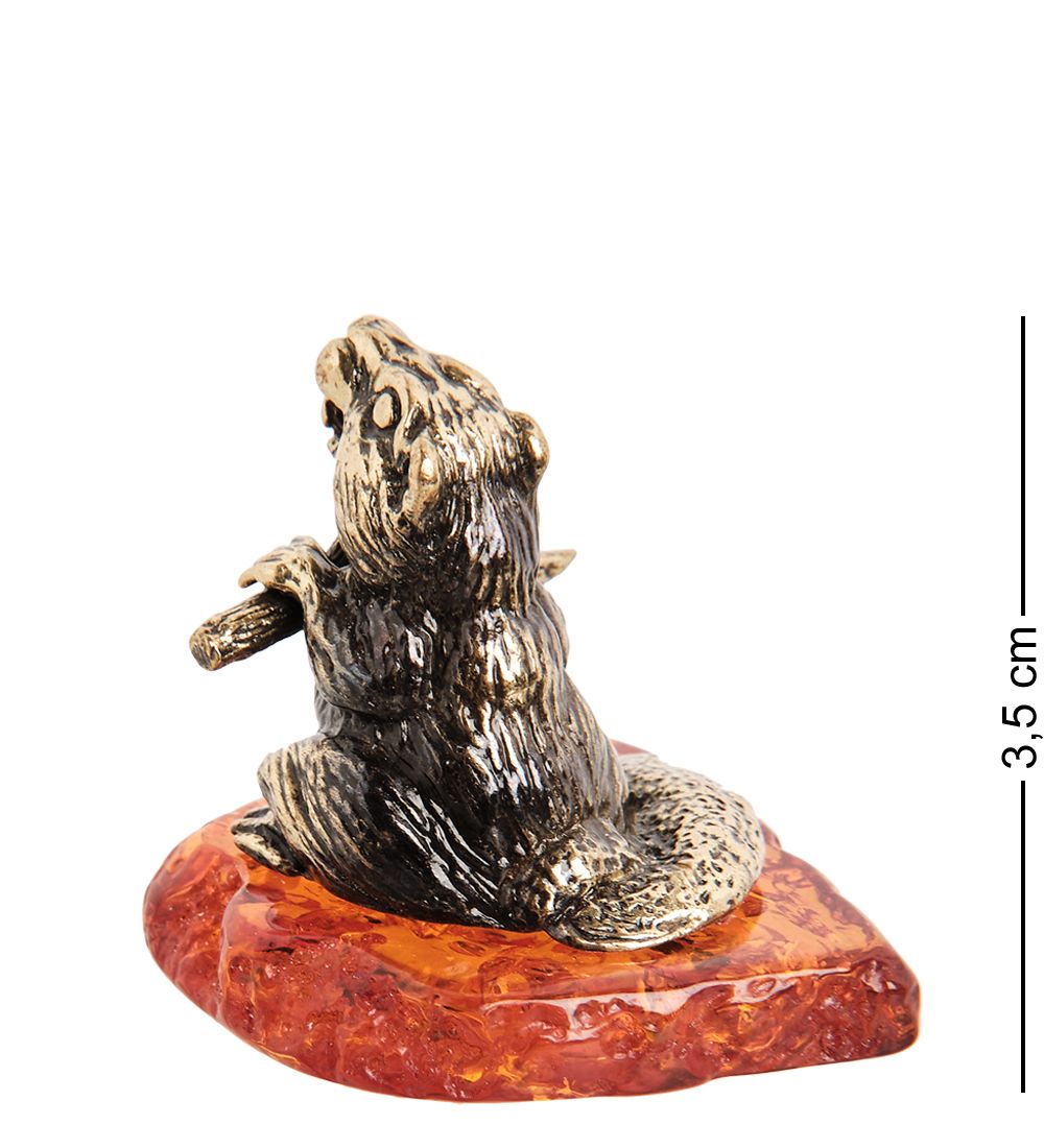 Народные промыслы AM- 797 Фигурка «Бобер с веточкой» (латунь, янтарь)