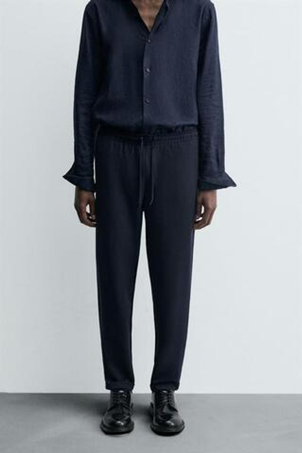ZARA БРЮКИ EASY CARE С ПОЯСОМ НА ШНУРКЕ, СИНИЙ