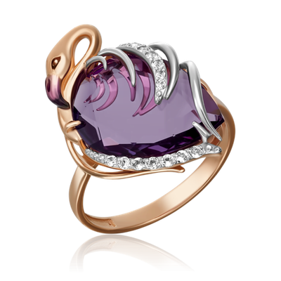 Кольцо «Фламинго» из красного золота с аметистом, натуральными топазами white и эмалью