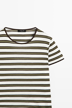 Massimo Dutti Хлопковая футболка в полоску с короткими рукавами, хаки