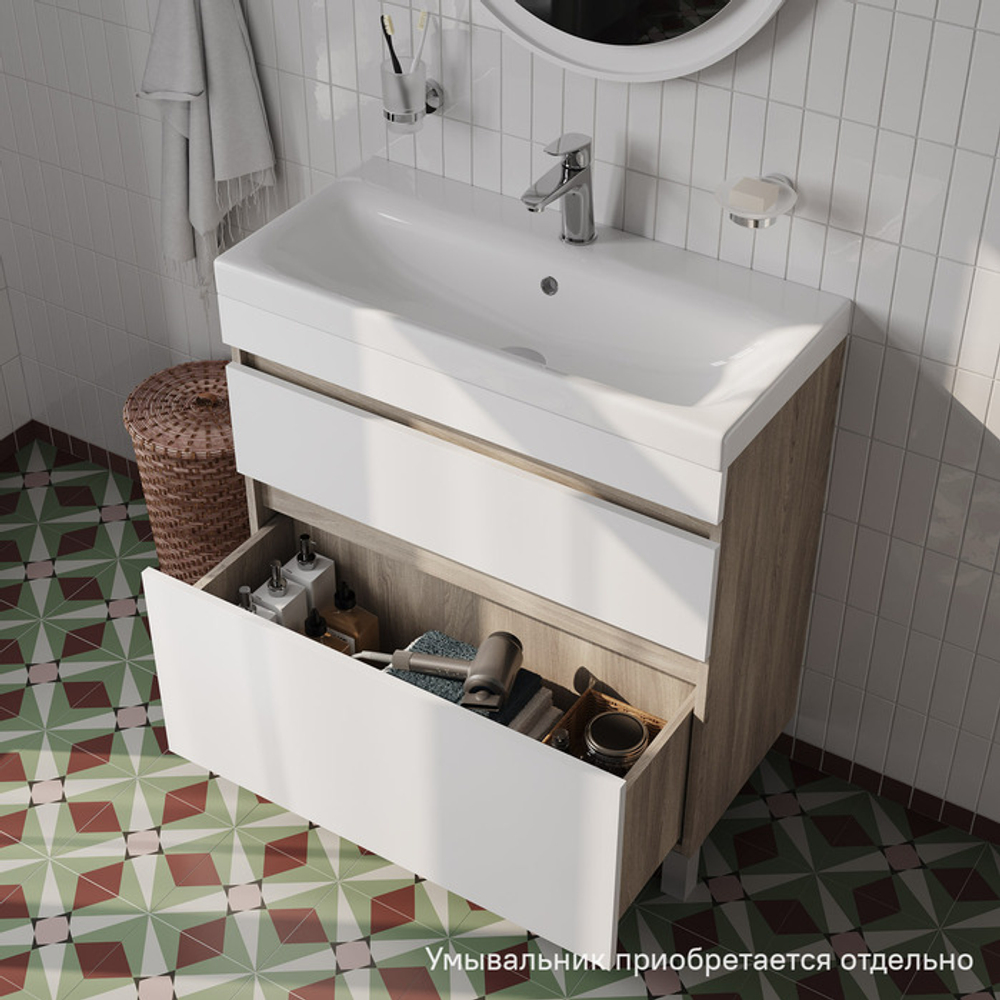 Тумба напольная с ящиками IDDIS Zodiac, 80 см, белая/под дерево, ZOD8ABFi95