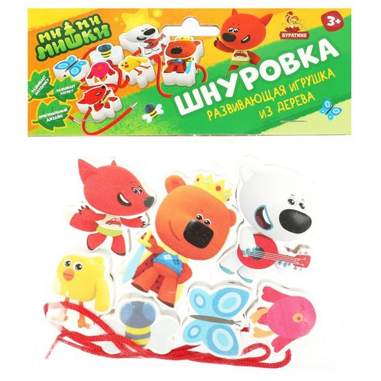 Развивающая игрушка из дерева «Ми-ми-мишки. Шнуровка-бусы» 17*13см пакет Буратино