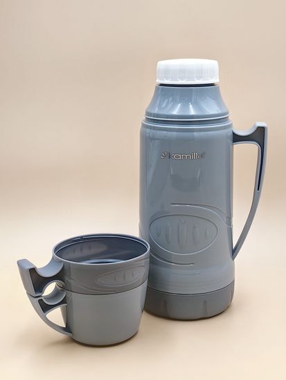 Термос 1 л. со стеклянной колбой Kamille KM 2031 пластиковый, 2 чашки