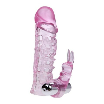 Удлиняющая стимулирующая насадка на пенис с вибрацией (10 режимов) (Цвет: розовый)