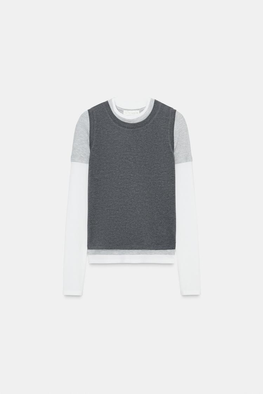 ZARA ФУТБОЛКА С ТРОЙНЫМ ЭФФЕКТОМ, СЕРЫЙ МЕЛАНЖ