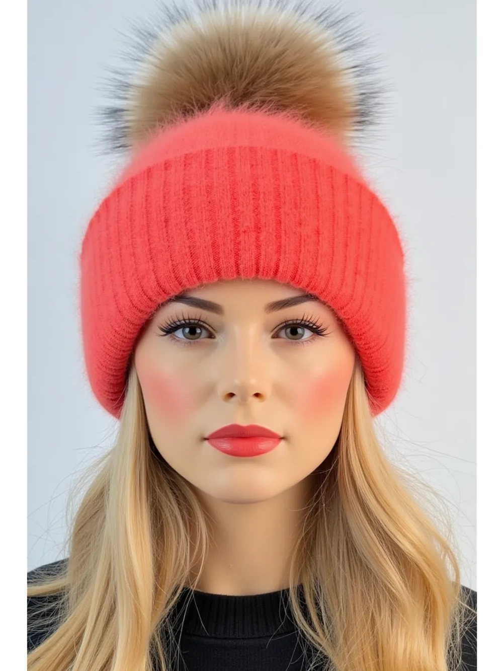 шапка ангора с меховым помпоном зимняя пушистая стильная