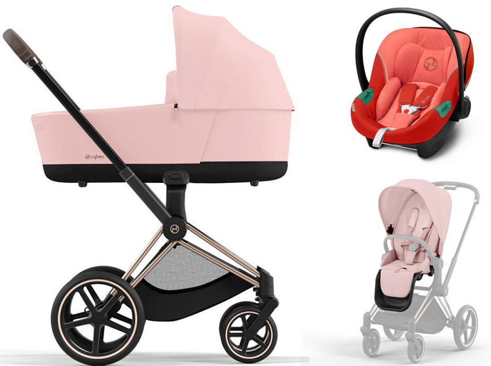 Коляска 3 в 1 Cybex Priam IV Rosegold complete и автокресло Aton S2 i-Size Hibiscus Red Peach Pink