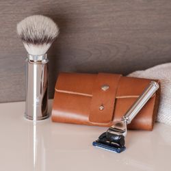 Дорожный бритвенный набор MUEHLE, чехол из натуральной коричневой кожи, дорожный помазок, дорожная бритва Fusion (RT 1 F)