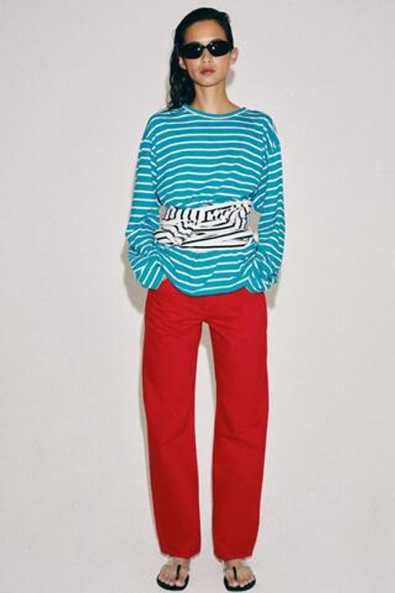 ZARA ФУТБОЛКА ИЗ ХЛОПКА И ЛЬНА В ПОЛОСКУ, СИНИЙ/БЕЛЫЙ
