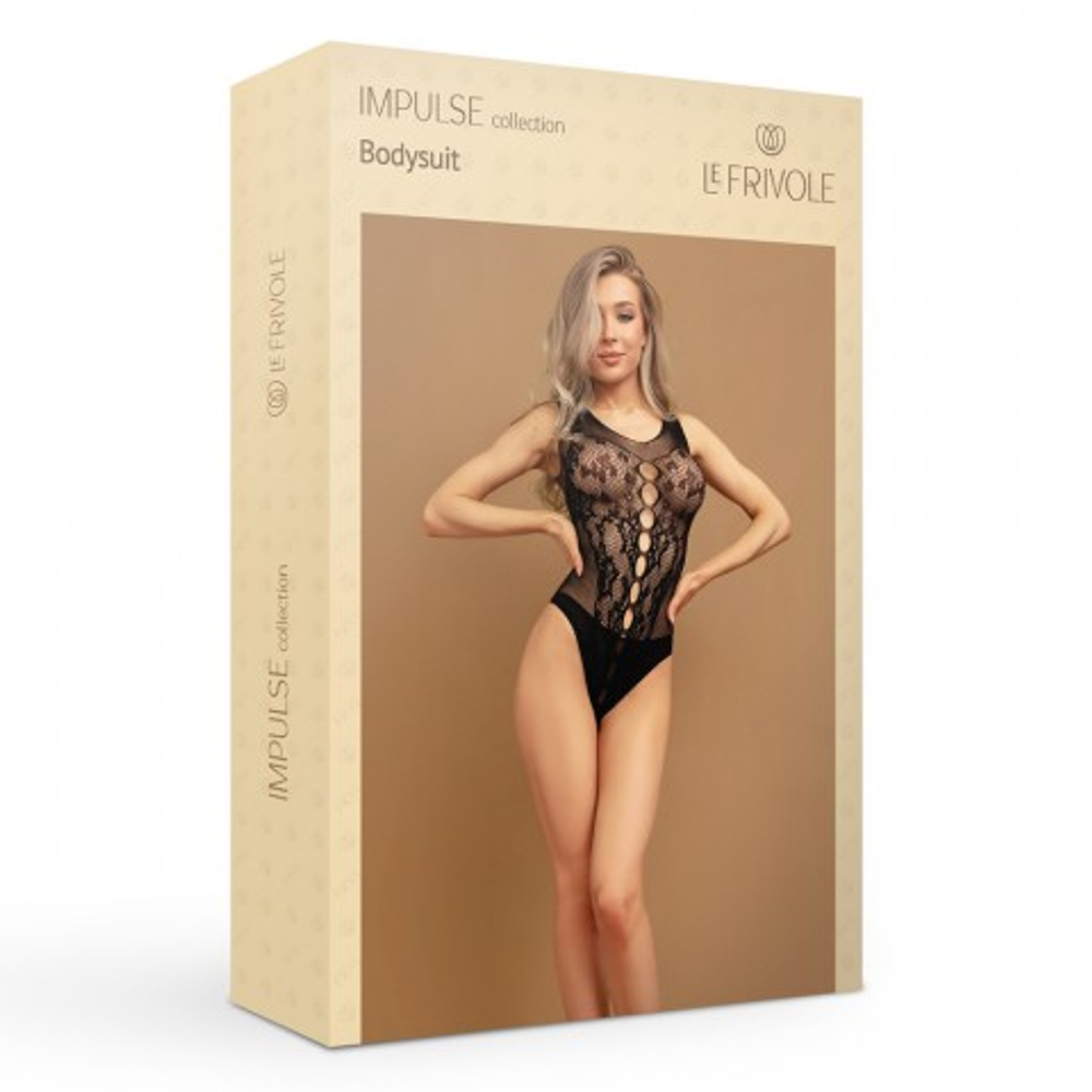 Боди с вырезами на животе и кружевом черного цвета (IMPULSE) (S/XXL)