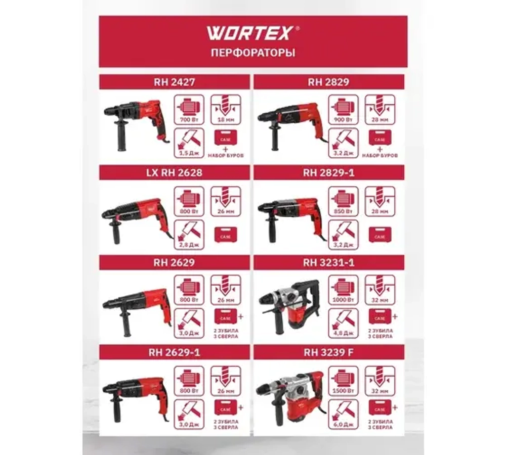 Перфоратор WORTEX RH 2629 в чемодане, + 2 зубила, 3 сверла, 800 Вт, 3 Дж, 26 мм, 4 режима, SDS-plus
