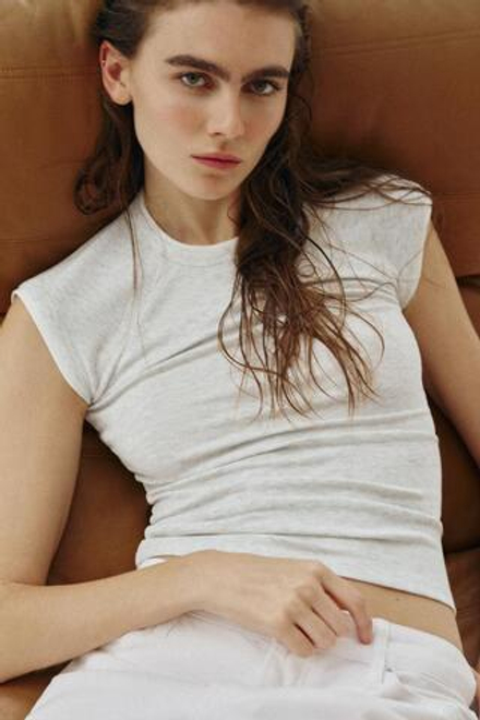 ZARA ФУТБОЛКА С ЭФФЕКТОМ ДВОЙНОГО РУКАВА, СЕРЫЙ МЕЛАНЖ