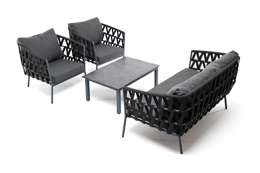 "Диего" лаунж-зона 4-местная плетеная из роупа со столиком "Канны" цвета "дуб", основание дуб, роуп бежевый