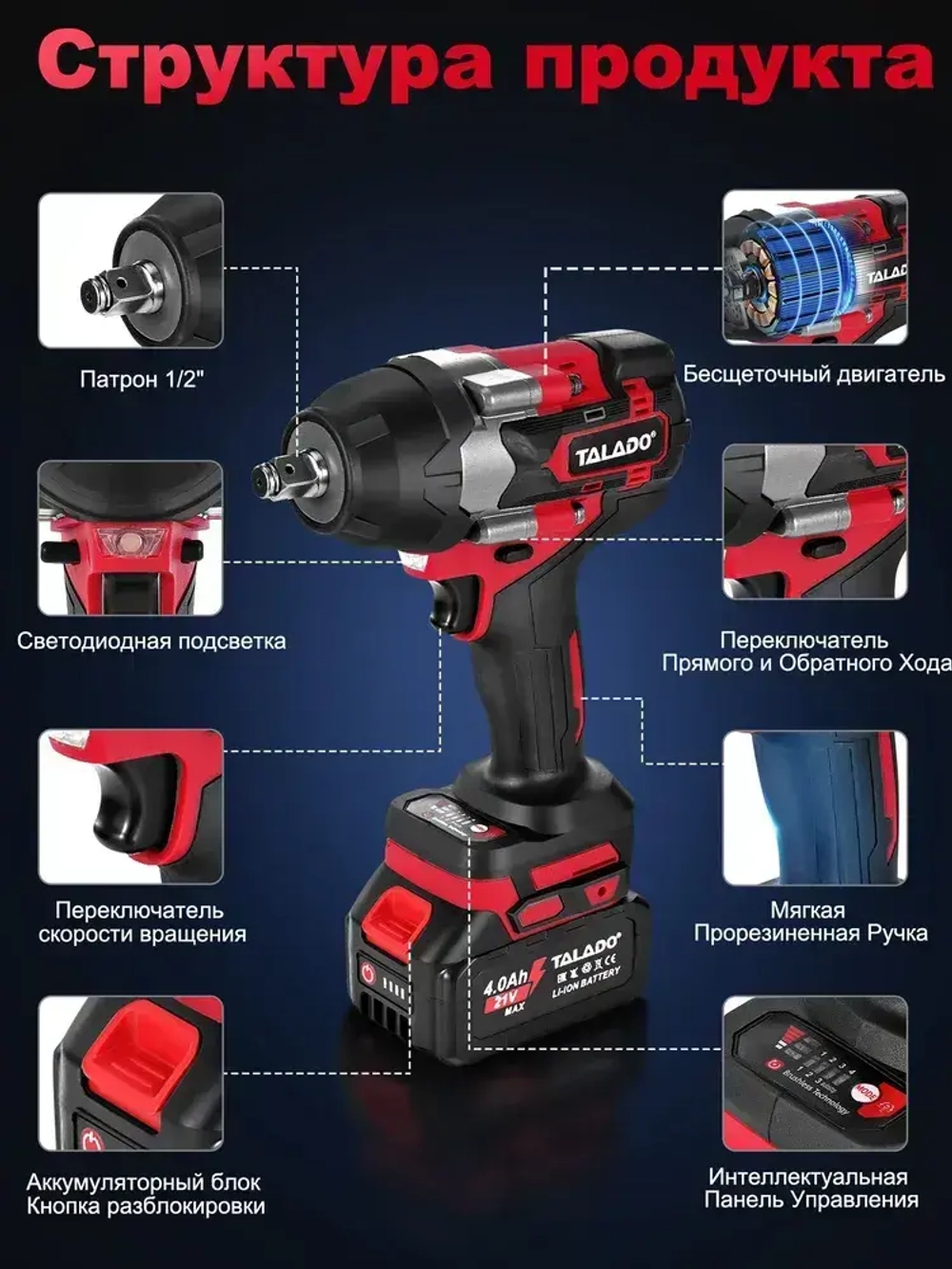 TALADO Гайковерт аккумуляторный ударный мощный 1800 Нм 21 В с 2 Li-ion аккумулятор 4Ач
