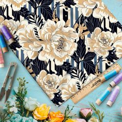 Ткань премиум габардин пионы на полосках