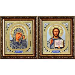 Венчальные иконы Казанской Богородицы и Иисуса Христа на серебристом фоне