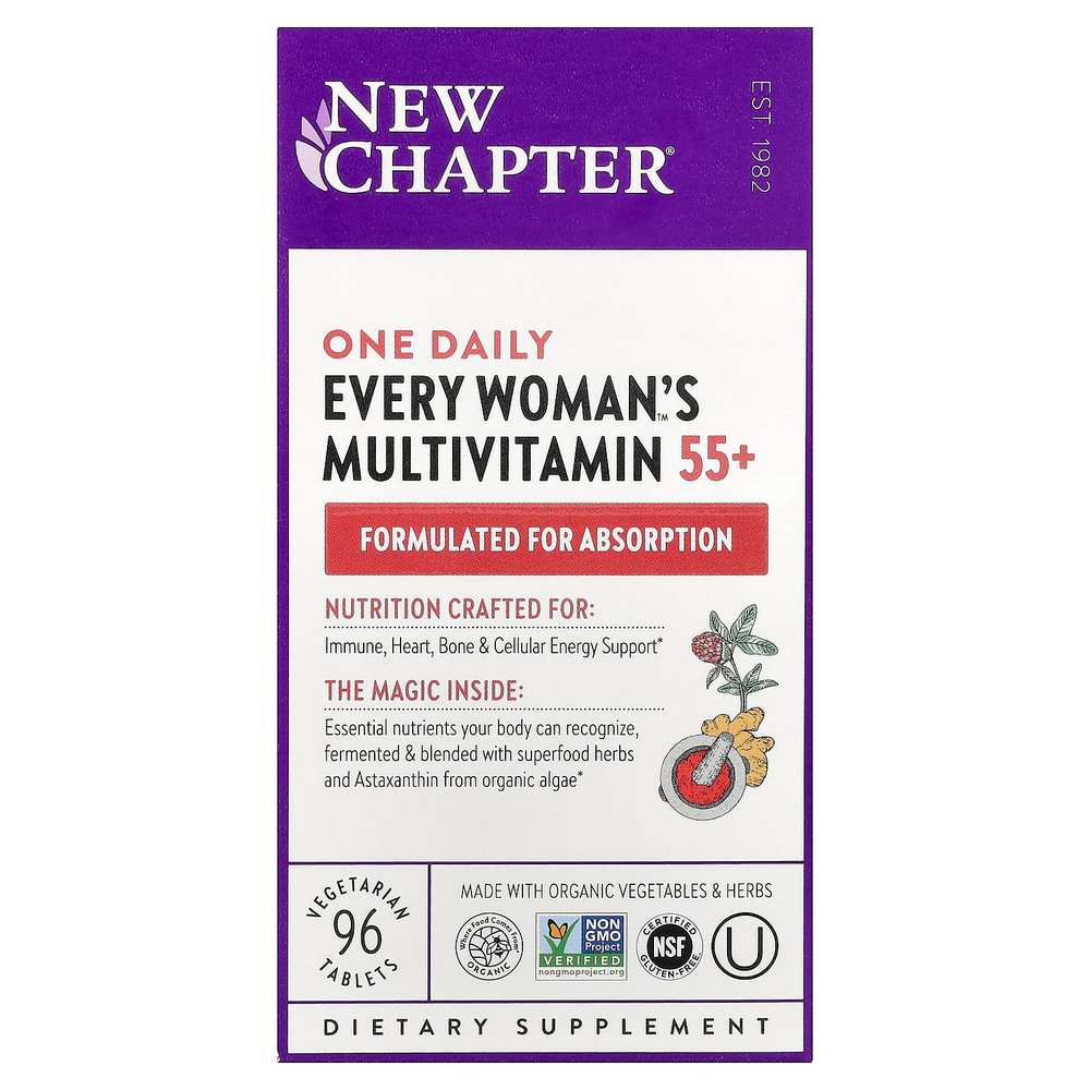 New Chapter, 55+ Every Woman's One Daily, витаминный комплекс на основе цельных продуктов для женщин старше 55 лет, 96 вегетарианских таблеток