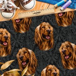 Ткань атлас счастливая собака на тёмном фоне