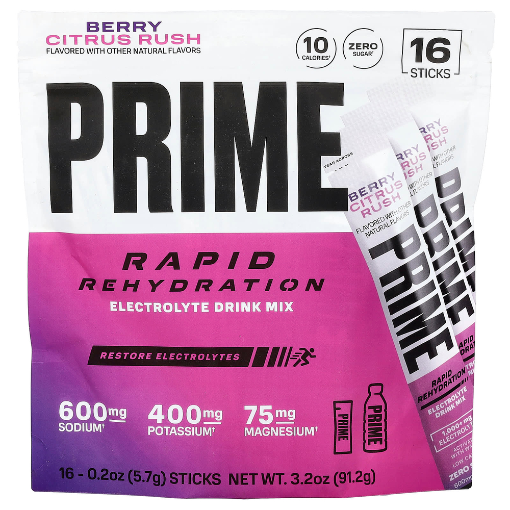 Prime Hydration, Rapid ReHydration, смесь для приготовления электролитического напитка, со вкусом ягод и цитрусовых, 16 стик-пакетов по 5,7 г (0,2 унции)