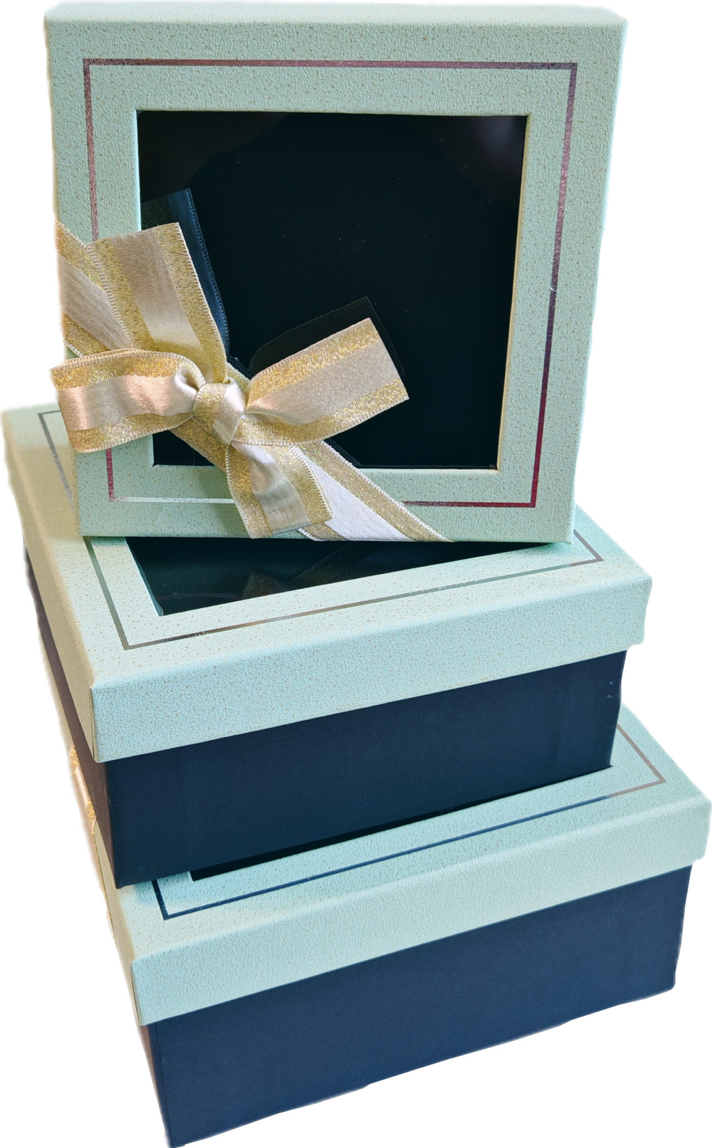Набор подарочных коробок 3в1 с окошком и бантом, мята/зеленый 15*15*6.5, 17*17*8, 19*19*9.5см