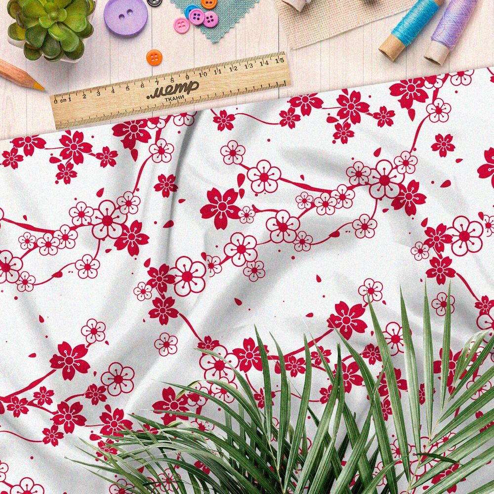 Ткань лён цветущая сакура на бежевом фоне