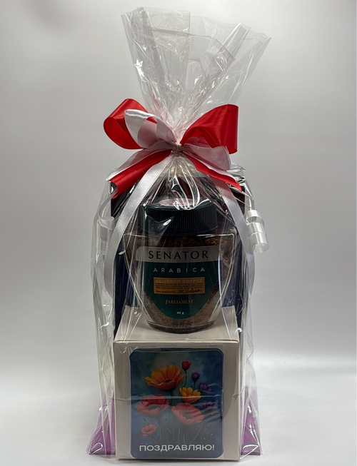 Подарочный набор 010326 арт! чай конфуций 2 баночки\кофе сенатор\конфеты бонита\открытка с шоколадом.