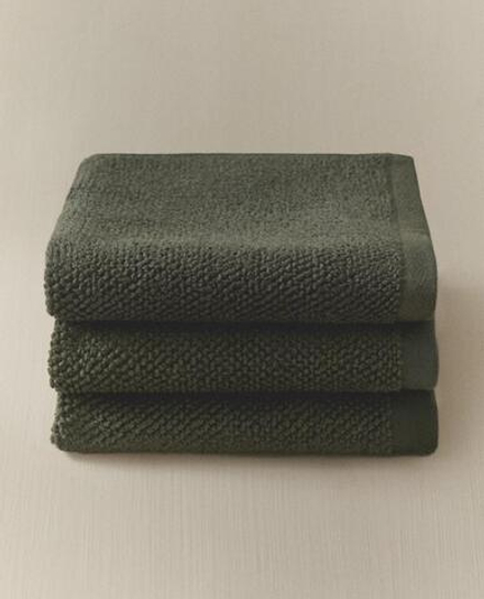 ZARA HOME НАБОР ХЛОПКОВЫХ ПОЛОТЕНЕЦ ДЛЯ РУК (3 ШТ.), ЗЕЛЕНЫЙ