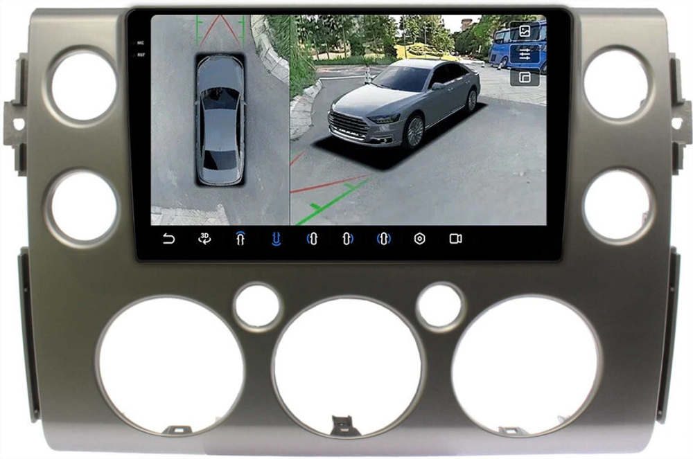 Магнитола для Toyota FJ Cruiser 2005-2022 (рамка серая) - FarCar BX9-360-9543S монитор 9.5" 2K QLED на Android 13, 6Гб+128Гб, CarPlay, 4G SIM-слот, 4 камеры в комплекте