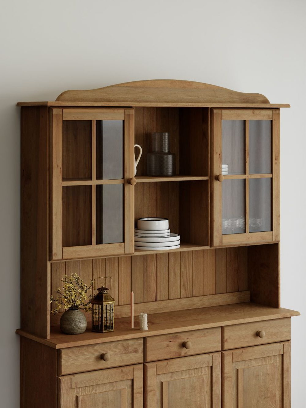 Шкаф Лена двухдверный из массива сосны, с 3 полками (верхняя часть буфета Лена), бейц