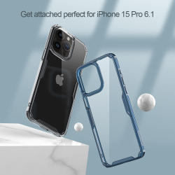 Прозрачный чехол с усиленными боковыми рамками синего цвета от Nillkin для iPhone 15 Pro, серия Nature TPU Pro Case