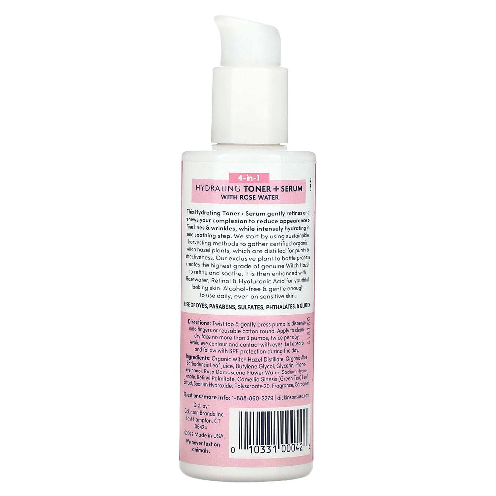 Dickinson Brands, Original Witch Hazel, увлажняющий тоник 4 в 1 и сыворотка с розовой водой, без спирта, 118 мл (4 жидк. унц.)
