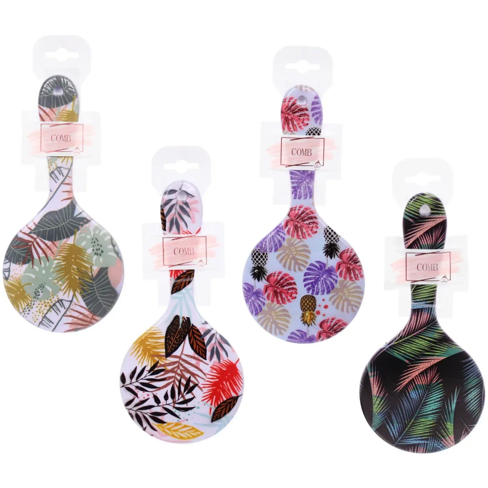 Расческа массажная круглая «ТРОПИКИ», микс 4 дизайна, 22*10см (PVC подвес)