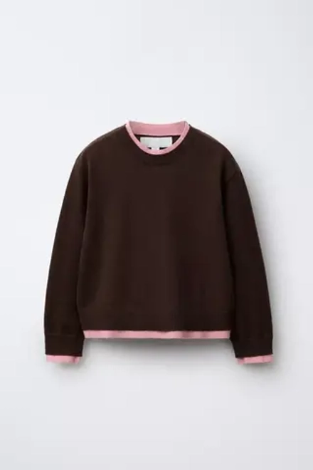 ZARA ТРИКОТАЖНЫЙ ДЖЕМПЕР С ДВУХСЛОЙНОЙ ОТДЕЛКОЙ, КОРИЧНЕВЫЙ