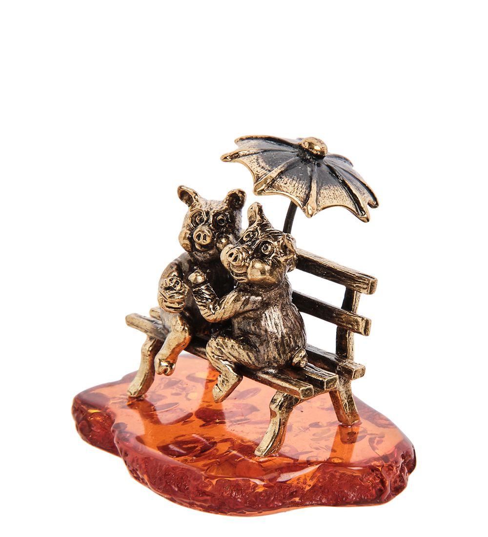 Народные промыслы AM-2958 Фигурка «Поросята под зонтиком» (латунь, янтарь)